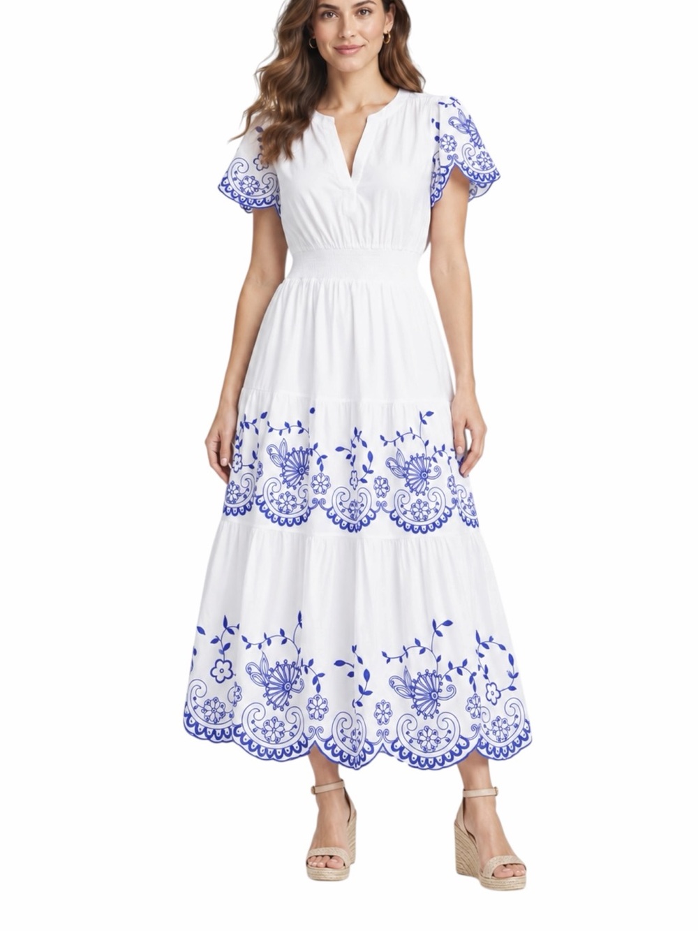 Chicos Size 3.5 Midi Dress Women’s 18 White Blue Embroidered Tiered Smocked Boho